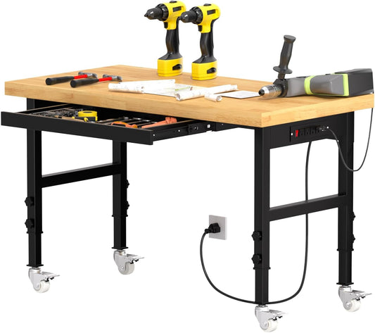 Solid Wood 48" Work Bench with Drawers, Adjustable Height Workbench with Wheels, Heavy-Duty Work Table with Power Outlets, 2000 LBS Capacity Workstation for Garage, Workshop(48" X 24")