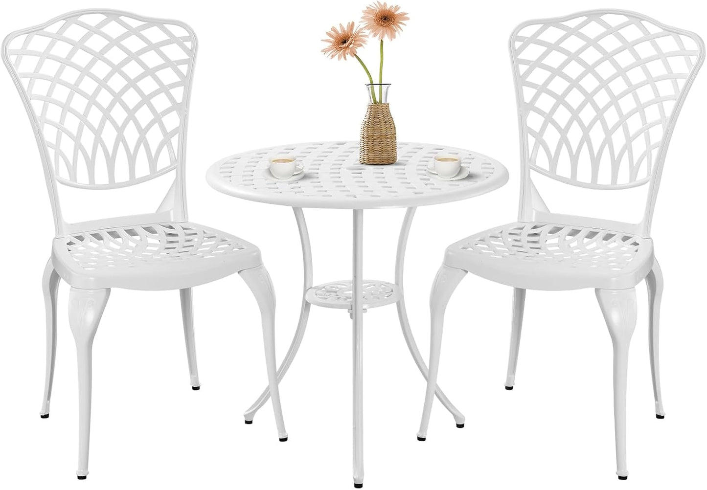 Bistro Set 3 Piece Outdoor Patio Bistro Set with Umbrella Hole, Rust Resistant White Bistro Table and Chairs Set of 2 Cast Aluminum Furniture for Porch Garden White