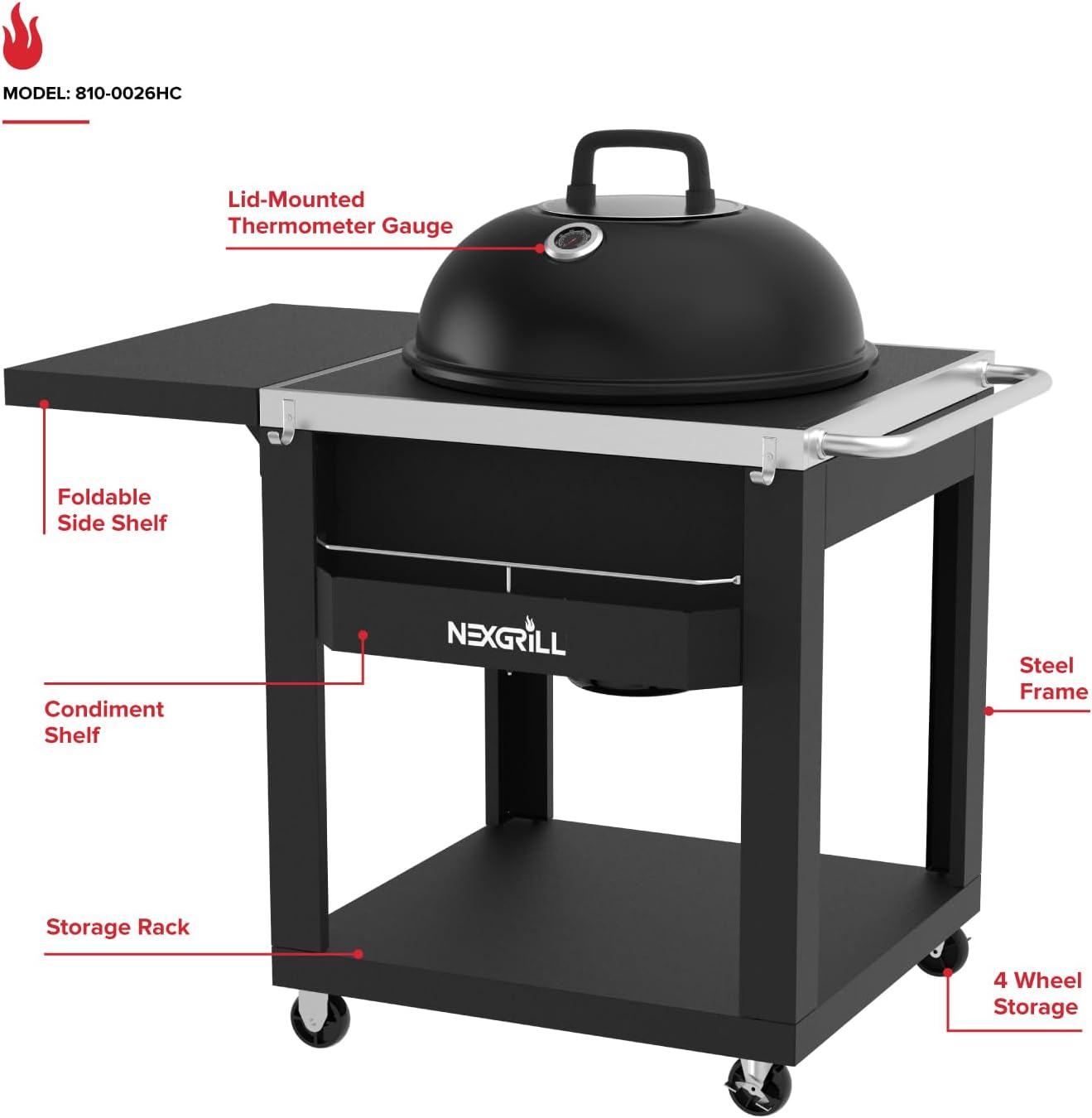 Nexgrill 22" Charcoal Grill with Table Cart and Side Table, 358 SQ In Grate, Adjustable Air Vents, Integrated Temperature Gauge, Mobile Cart Barbecue Grill for Camping, Picnics, and More - 810-0026HC