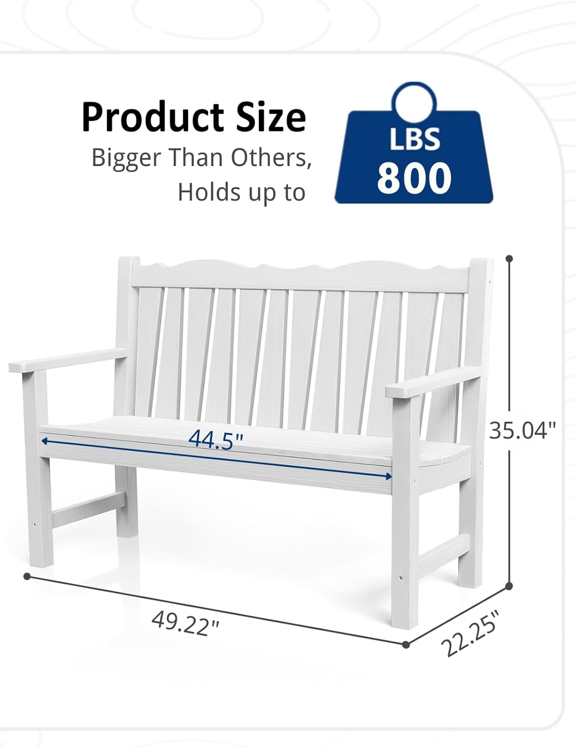Outdoor Bench Weatherproof, 2-Person Garden Benches for Outdoors, All Weather HIPS Patio Bench Holds up to 800lbs, Never Rot or Fade, Comfort Bench for Porch, Garden, Patio, Backyard and Park, White
