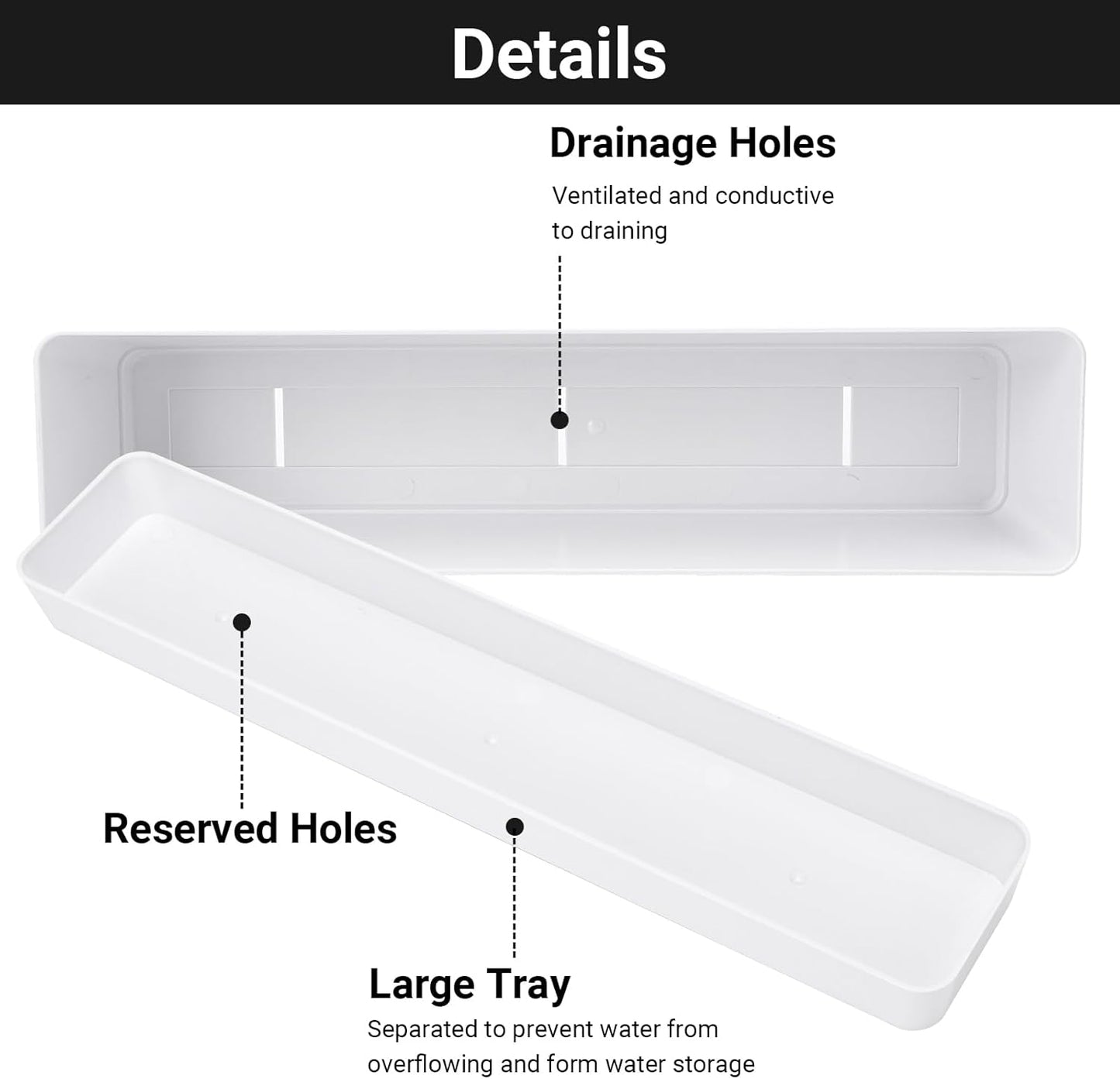 GREANER Flower Boxes, 3 Pack 12x3.8 Inch Rectangle Window Boxes, Herb Planters with Tray, Indoor Succulent Cactus Flowers Plastic Drawable Pot for Windowsill, Garden, Balcony, Office Outdoor (White)