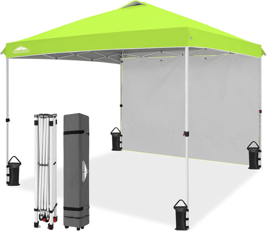 EAGLE PEAK Pop Up Canopy Tent with 1 Sidewall, Easy Setup Event Tent, Outdoor Sun Shade, Wheeled Carry Bag, Stakes and Guy Ropes, Instant Canopy 10x10, Neon Green