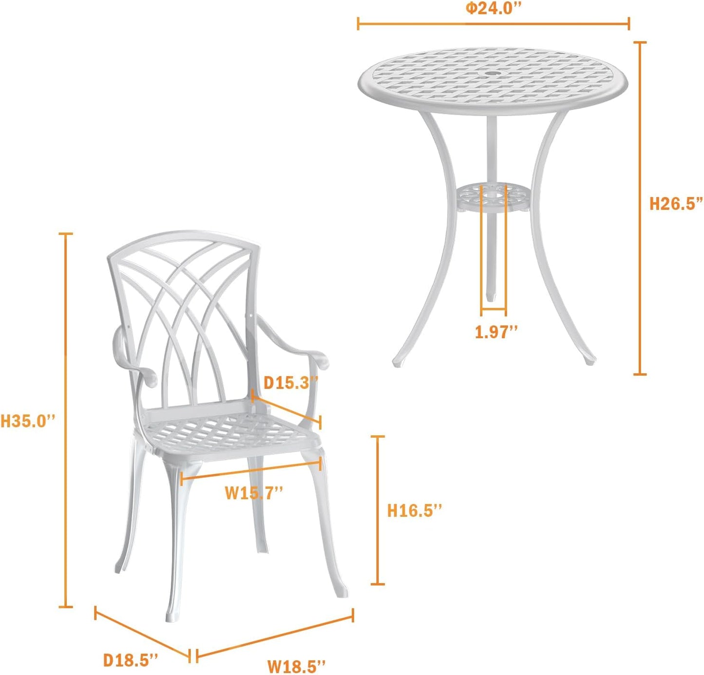 Patio Bistro Set 3 Piece, Cast Aluminum Bistro Set for 2 w/Umbrella Hole, Outdoor Table and Chairs Set of 2, Bistro Set for Balcony/Backyard/Garden, White