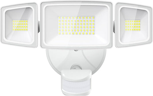 Onforu 65W LED Flood Light Motion Sensor Outdoor, 6500lm Security Light with Three Head, IP65 Waterproof Exterior Floodlight, 6500k Wall Light for Entryways Stairs Yard Garage