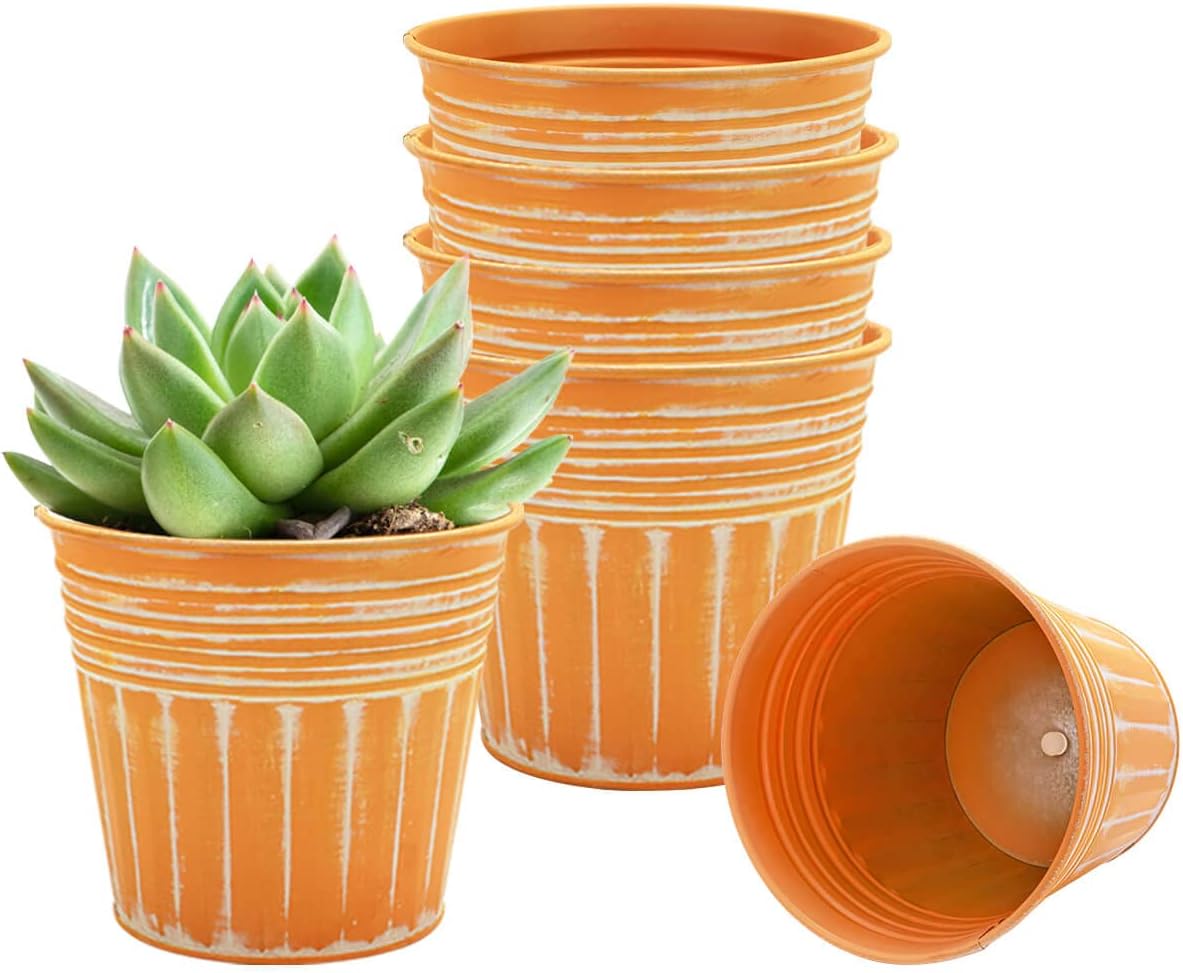 vensovo 4 Inch Orange Metal Rustic Flower Pots - 6Pcs Small Galvanized Planters with Drainage Hole and Rubber Plug, Rustproof Metal Bucket Plant Pots Farmhouse Vintage Style for Decor