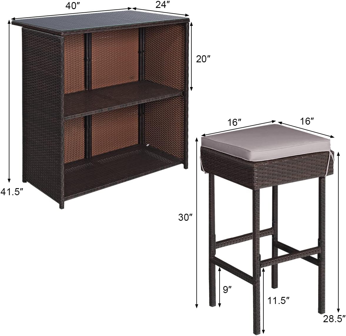 Tangkula Patio Bar Set, 3 Piece Outdoor Rattan Wicker Bar Set with 2 Cushions Stools & Glass Top Table, Gray & Off White Cover, Outdoor Furniture Set for Patio Backyard Porch Garden Poolside