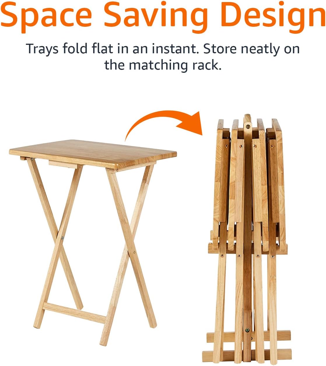 Amazon Basics Classic Foldable TV Dinner Tray Table with Storage Rack, 14.6 L x 19 W x 26 H inch, Natutral, 4-Pack