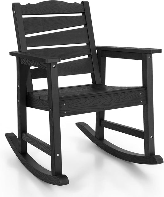 Patio Rocking Chair, Weatherproof HIPS Outdoor Rocking Chair for Adults, 400LBS Support Heavy Duty Porch Rocking Chairs for Garden, Lawn, Backyard, Outdoor and Indoor (Black)