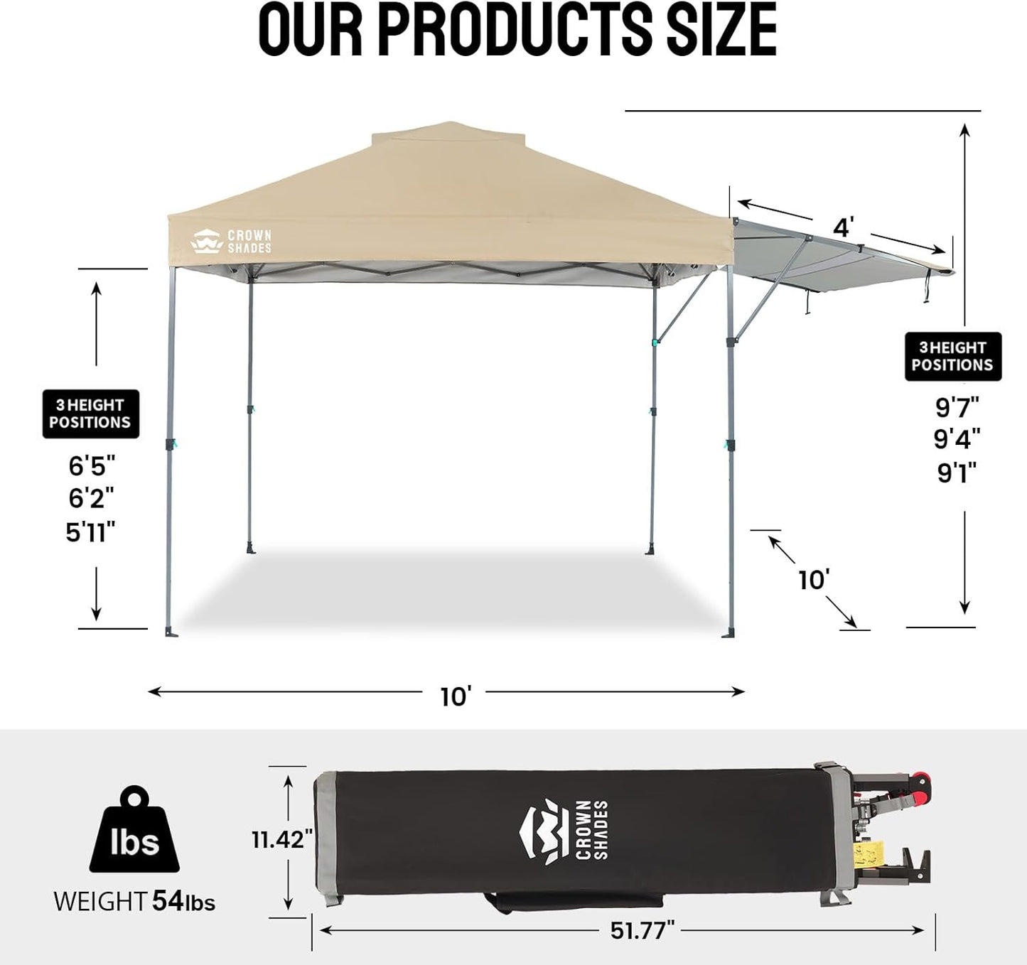 CROWN SHADES 10x10 Pop up Canopy Tent, Instant Commercial Canopy with Extend Awning, Patended Centerlock, 150D Silver Coated Fabric, 4 Ropes, 8 Stakes, 4 Weight Bags, STO 'N Go Bag, Khaki