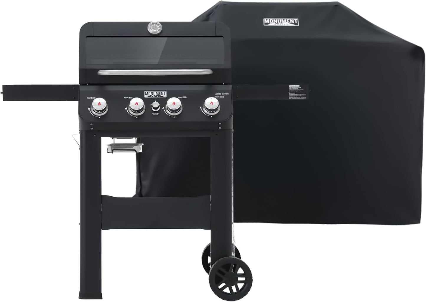 Monument Grills 4-Burner Liquid Propane Gas Grill, Matte Black Stainless Steel Burner Grill with Clearview® Lid, One Foldable Shelf for Outdoor Cooking Kitchen Patio Backyard, Mesa420MF with BBQ Cover