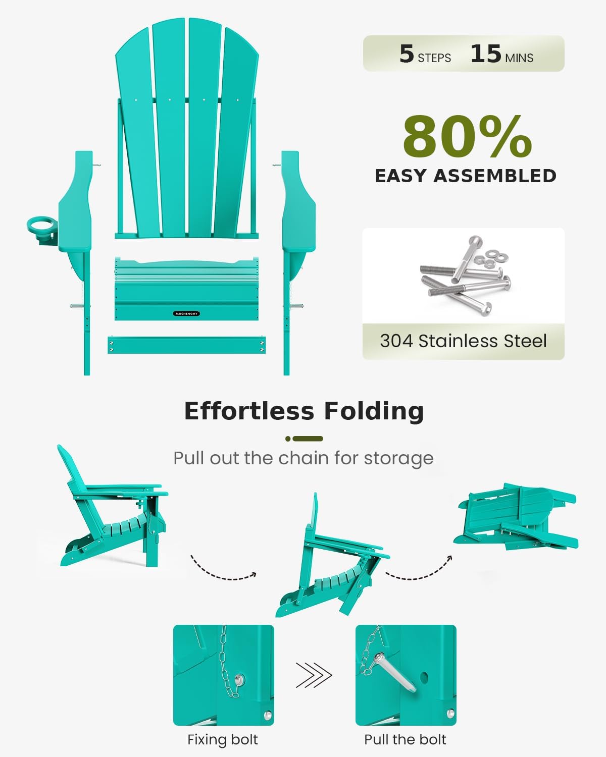 MUCHENGHY Folding Adirondack Chairs and Table Set, Outdoor Chair, Adirondack Chair Plastic, Fire Pit Chair, Weather Resistant with Cup Holder for Deck, Backyard, Garden(Lake Blue, 3-Piece)