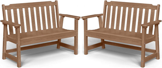 Outdoor Bench, 2-Person HDPE Garden Bench, All Weather Poly Patio Bench for Outdoors, Garden, Backyard, Porch and Park, 660 lbs Weight Capacity, Teak, 2 Pack