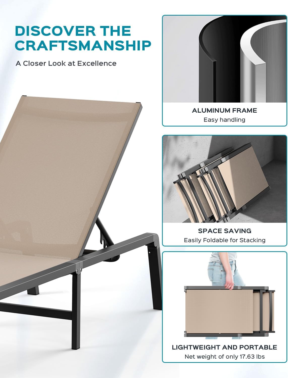 Aluminum Chaise Lounge Ourdoor - Foldable & Assemble Free Outdoor Lounge Chair with 5 Adjustable Backrest, Patio Lounge Chair for Outside Poolside Beach Pool, Khaki