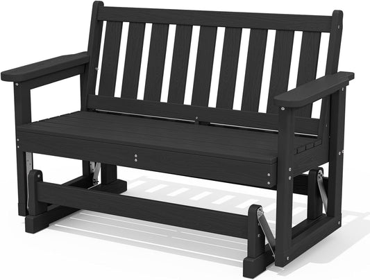 SERWALL 2 Person Patio Glider Bench, HDPE Material Weather-Resistant Swinging Bench for Outdoor Porch Garden, Black