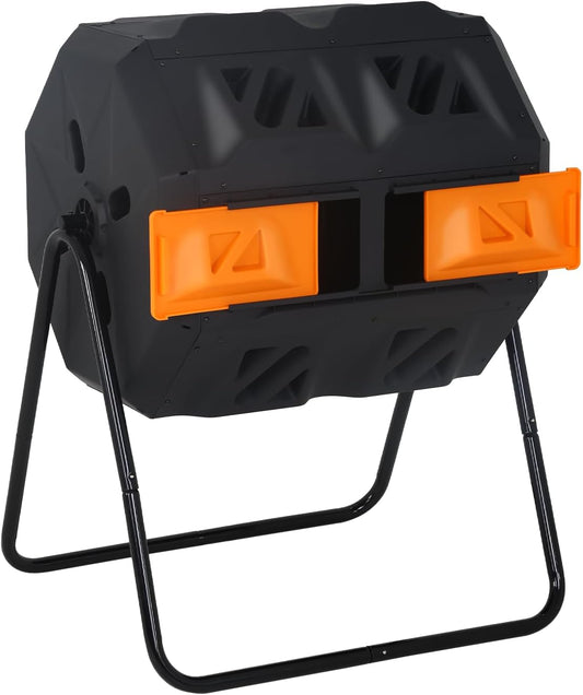 Outdoor Compost Bin 43 Gallon, Dual Chamber Tumbling Composter, Heavy-Duty Composting Bin for Garden, Kitchen, Yard, Kitchen Composter, Compost Bin Outdoor with Sliding Doors (Orange)