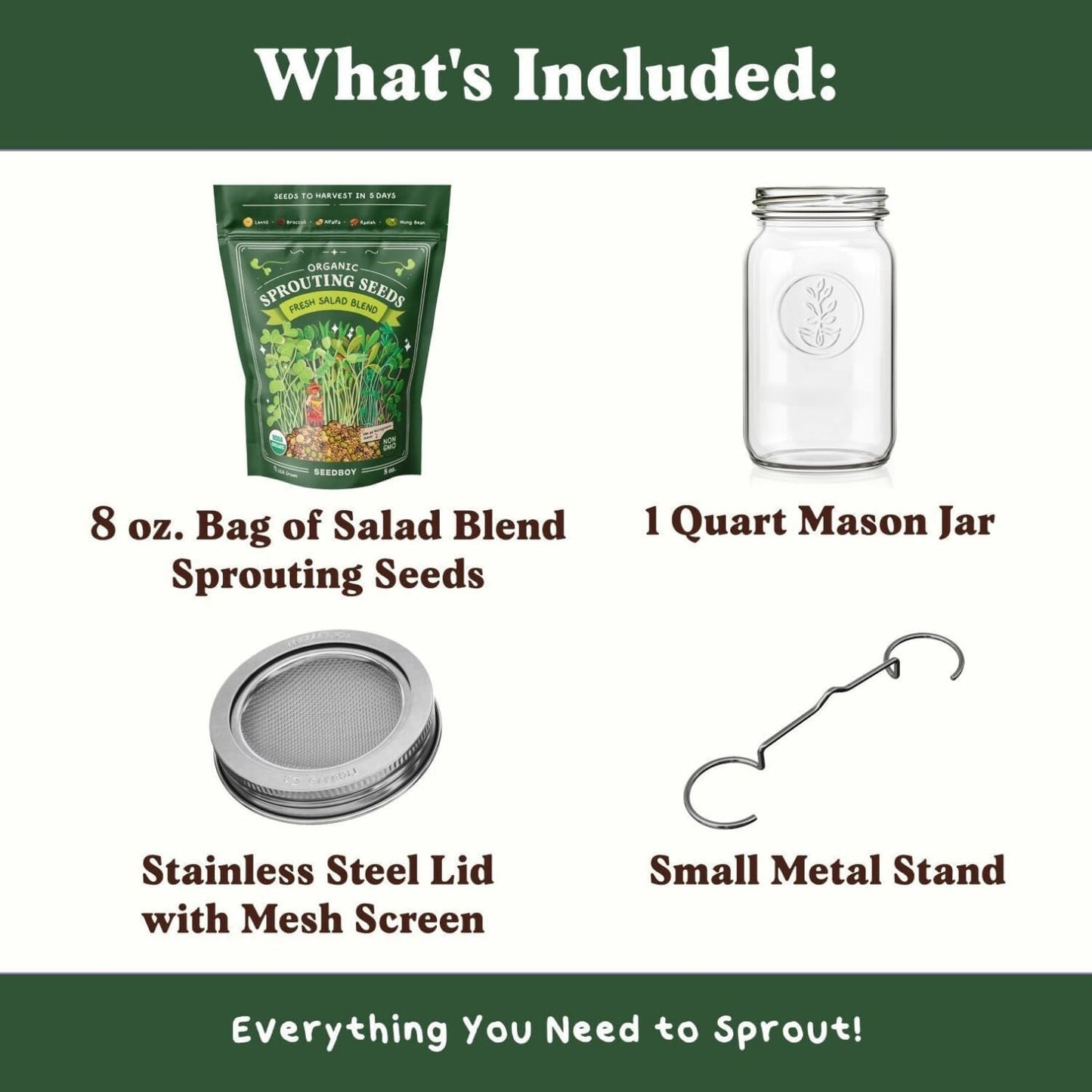 Seedboy Sprouting Kit Bundle - Sprouts Growing Kit with Jar, Lid, Stand and Organic Salad Blend Seeds (8 oz Bag, 24 Servings) - Non-GMO, USA Grown Microgreens - (Sprouting Jar/Salad Blend)