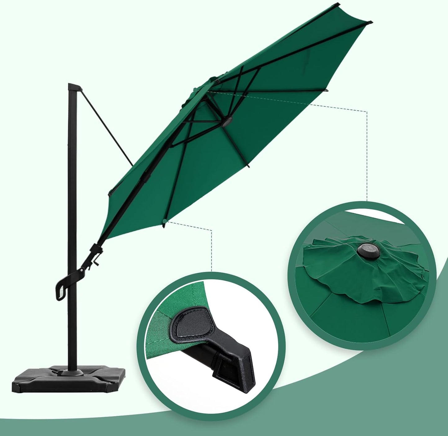 Abba Patio 10FT Vienna Offset Patio Umbrella Outdoor Cantilever Umbrella with 360° Rotation Design and Easy Tilt Adjustment UV 50+ Protection 8 Ribs for Backyard Garden Deck Pool Patio, Dark Green