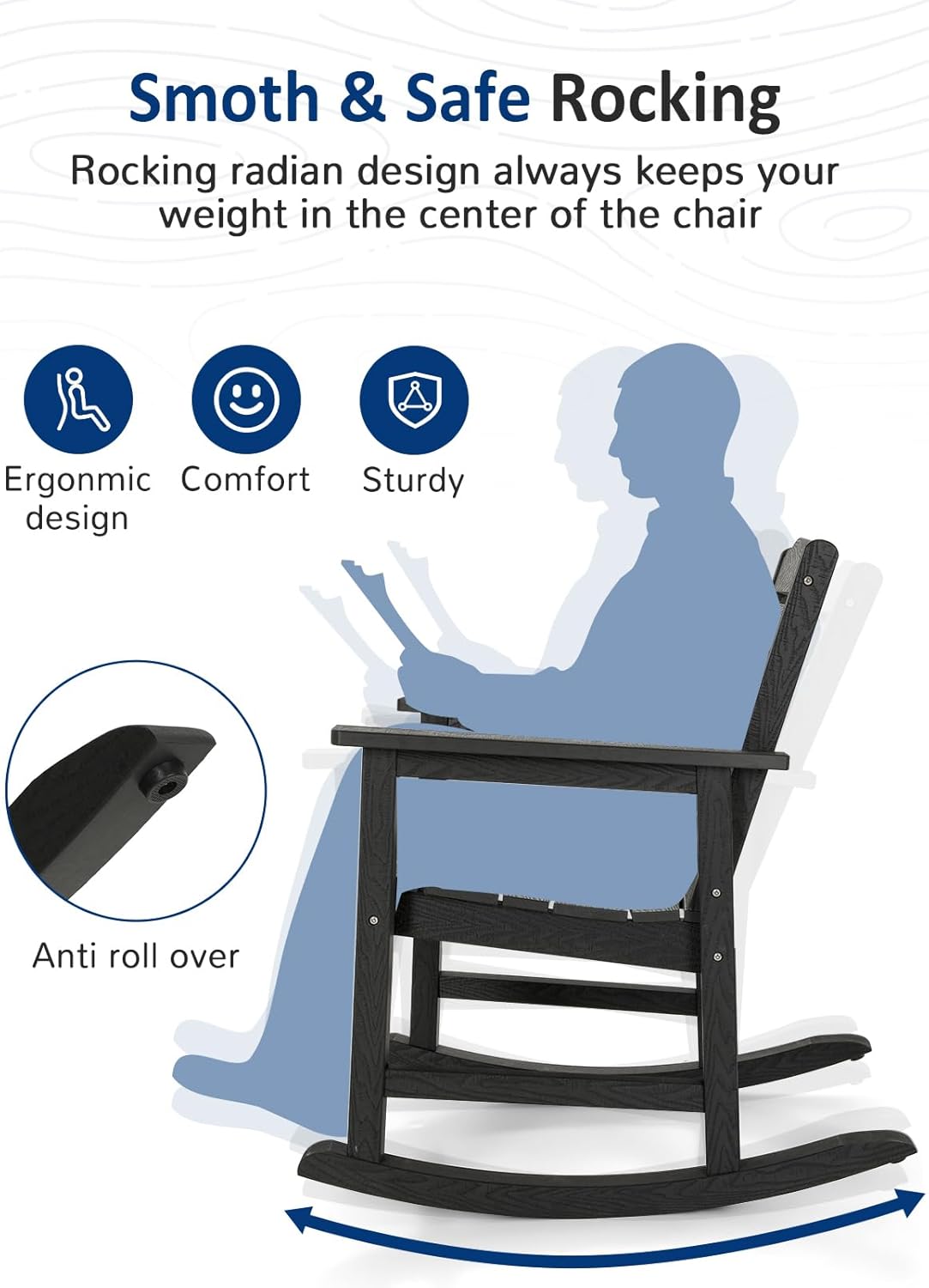 Patio Rocking Chairs Set of 2, Weatherproof HIPS Outdoor Rocking Chair for Adults, 400LBS Support Heavy Duty Porch Rocking Chairs for Garden, Lawn, Backyard, Outdoor and Indoor (Black)