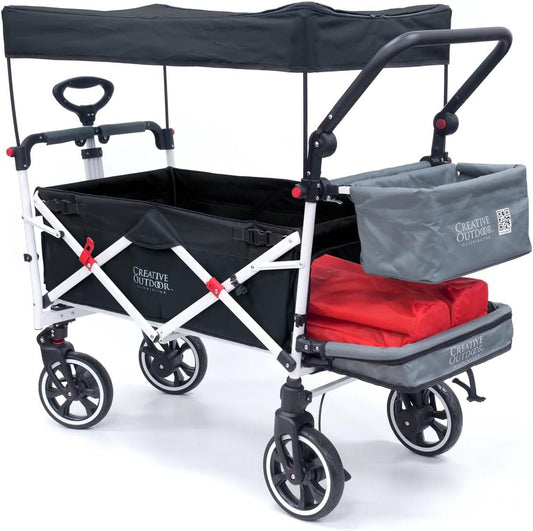 Creative Outdoor Wagon for Kids Push Pull Collapsible Stroller with Canopy Folding Cart | Titanium Series Plus | Beach, Park, Garden (Black & Grey)