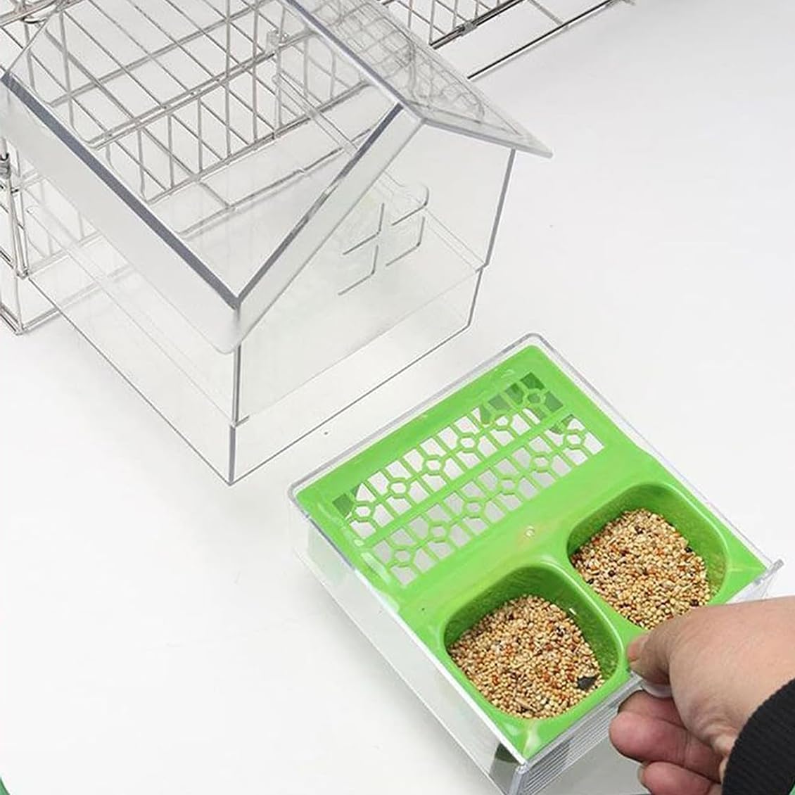 2026 New Pull-Out External Parrot Feeder, Bird Bath for Cage, 7*6*5.5in Bird Feeder House, Transparent Parakeet Cage Accessories, Easy To Fill, Clean, Long-Lasting, for Finch and Hummingbird (White)