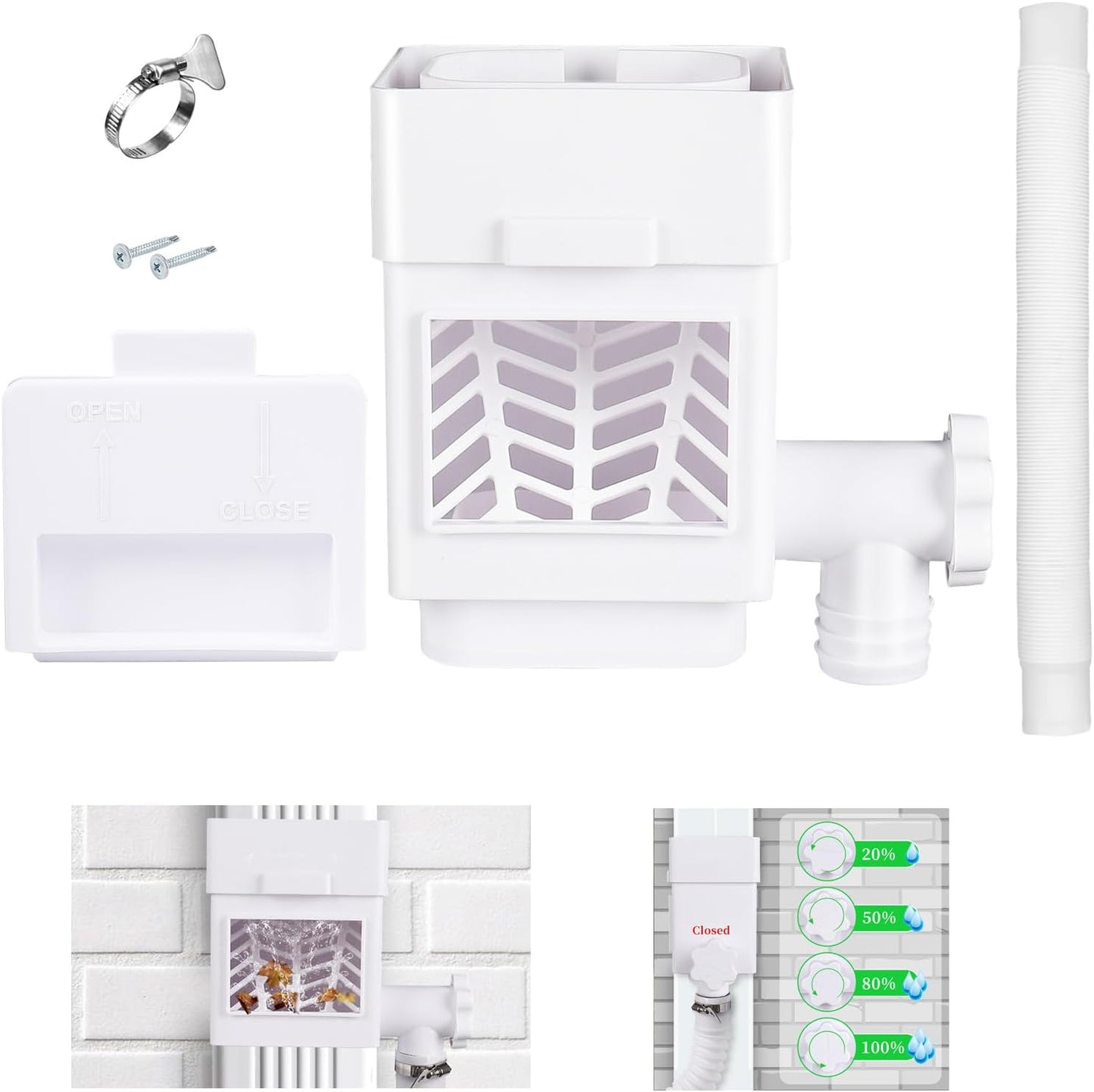 Rain Barrel Diverter Kit, Downspout Diverter Fits for 2"x 3" or 3"x 4" Standard Downspout, Rainwater Collection System with Adjustable Valve and Filter,5ft Hose(White)