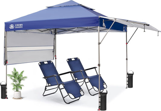CROWN SHADES 10x10 Pop up Canopy Tent Patended Centerlock Instant Commercial Canopy with 150D Silver Coated Fabric Including 2 Extend Awnings, 4 Ropes, 8 Stakes, 4 Weight Bags, Navy Blue