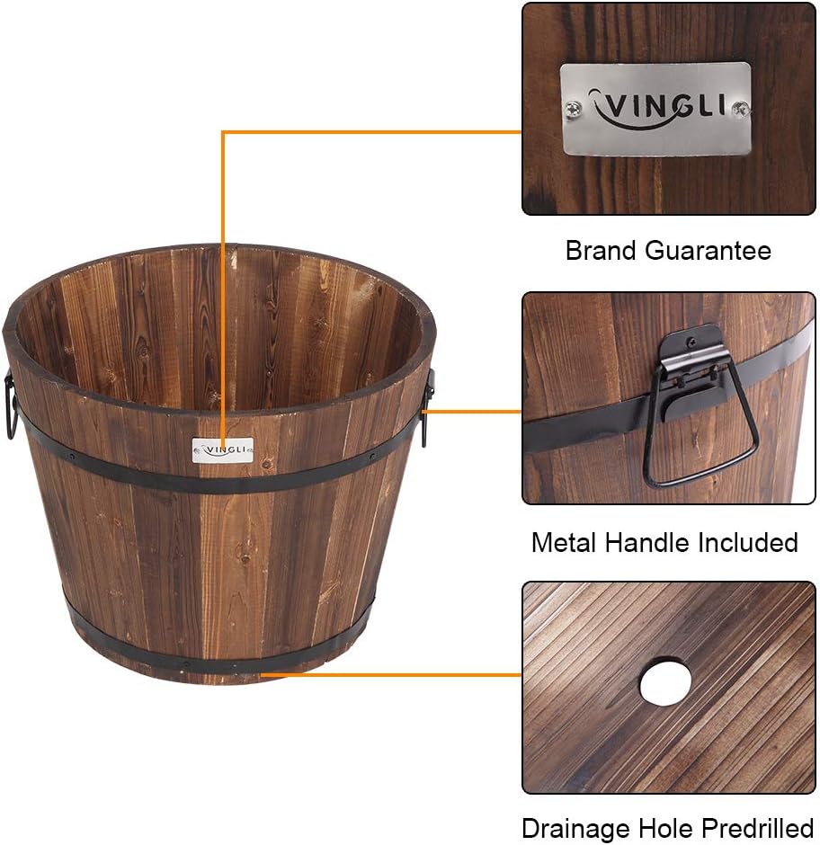 VINGLI 3 PCS Large Wooden Planter Barrel Set, 11.5"(Dia)- 18"(Dia) Real Wood Indoor/Outdoor Flower Pot w/Drainage Holes, Different Sizes, Large Garden Container Box