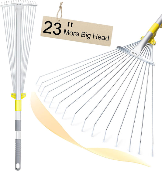 JARDINEER Adjustable Rakes for Leaves, Larger Garden Leaf Rake for Lawns Grass with 7-23" Expandable Head, Yard Collapsible Rake for Camping (64 inches)
