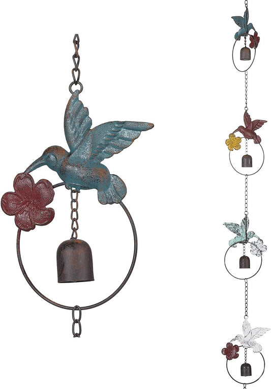 Jemeni 8.5' Length Flamed Hummingbird and Bell Rain Chain, Hanging Outdoor Garden Ornament, Colorful……