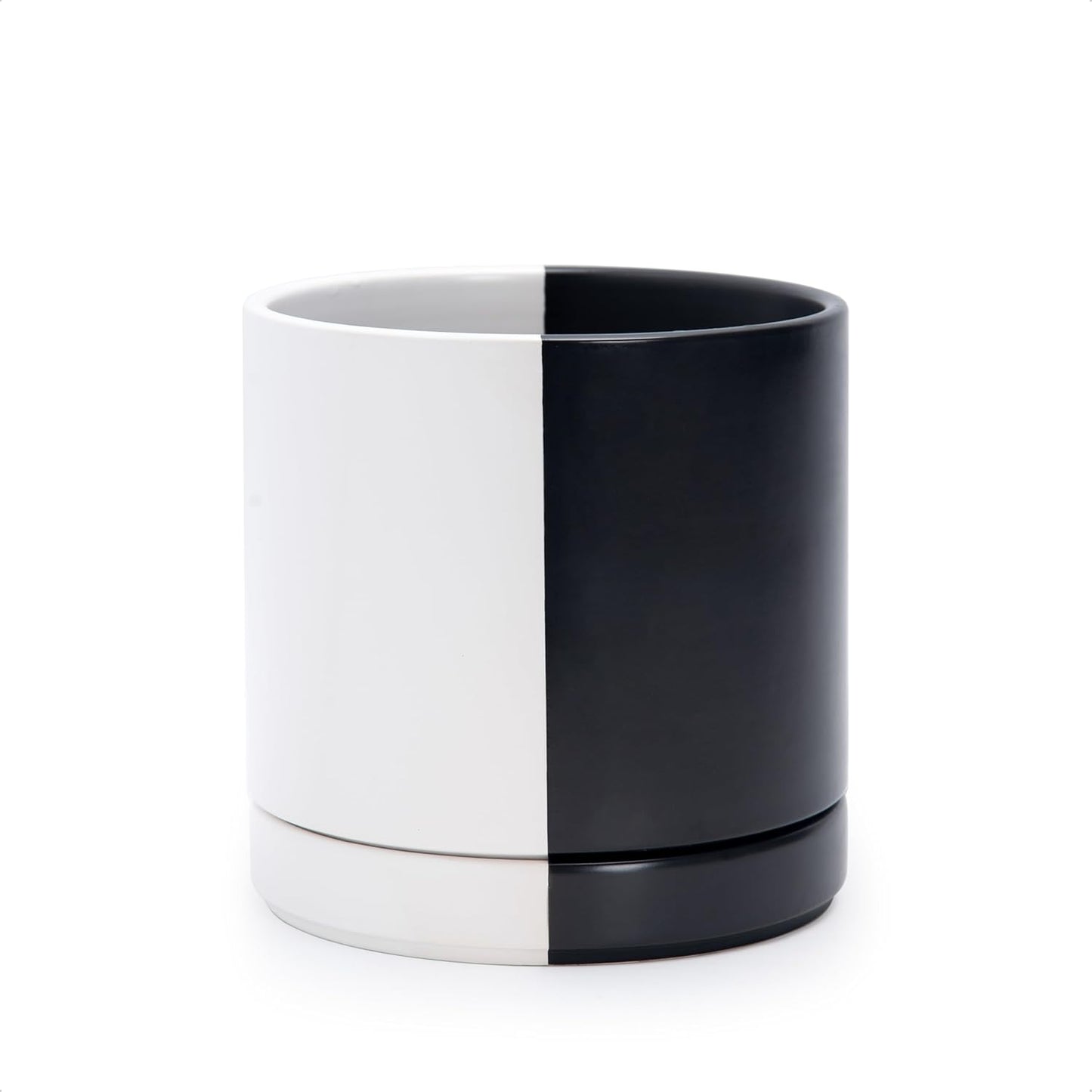 D'vine Dev 6.5 Inch Ceramic Planter Pot with Drainage Hole and Saucer, Indoor Cylinder Round Planter Pot, Split Monochrome Black & White, 94-O-C-0