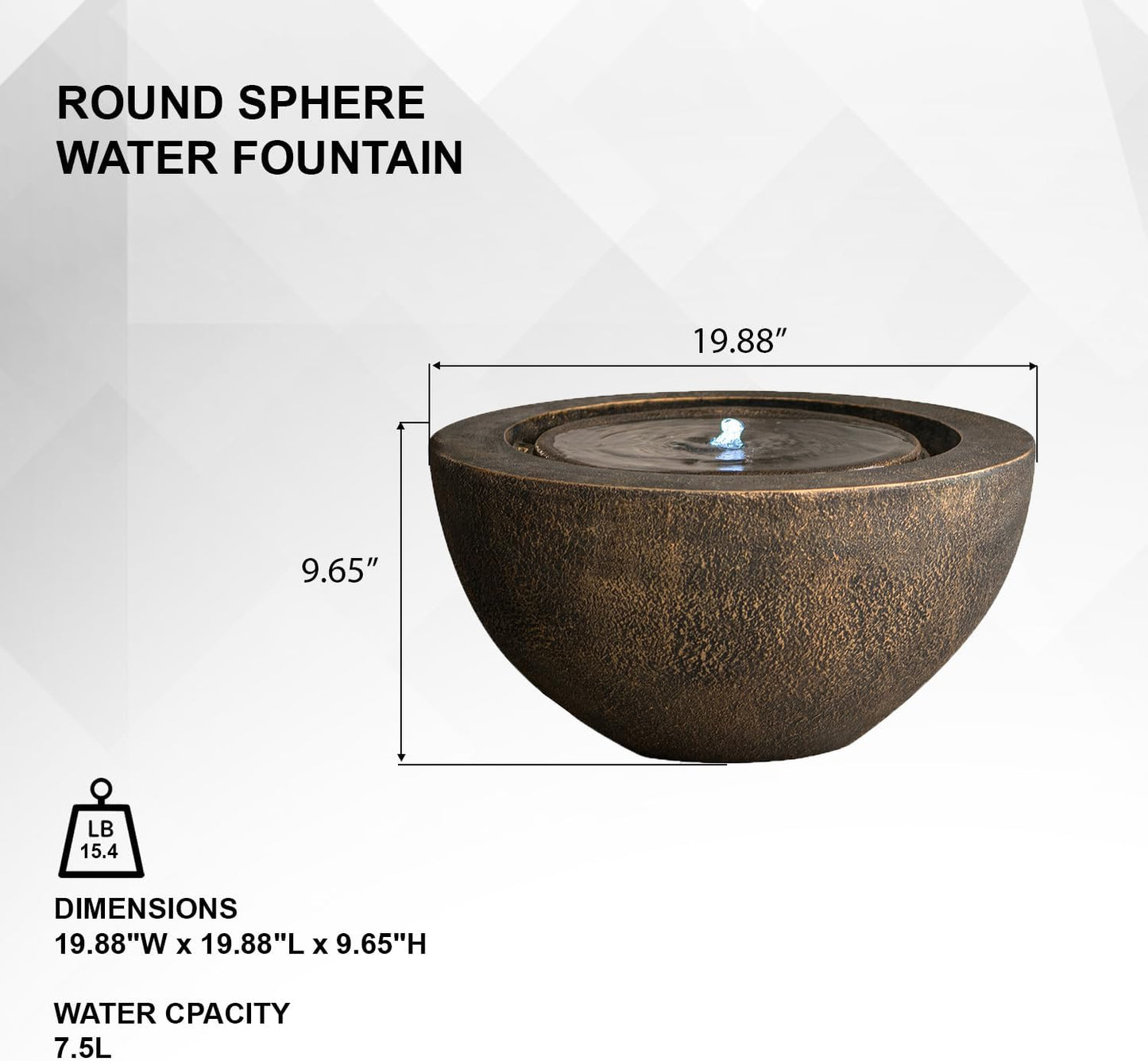 Xbrand 19.8" W Round Polyresin Indoor/Outdoor Sphere Water Fountain with LED Light, Garden/Patio Water Fountain Décor, Bronze