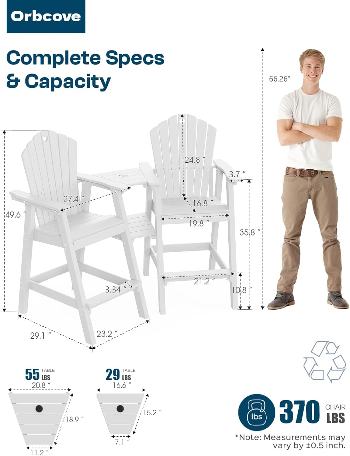 Tall Adirondack Chairs Set of 2 with 2-Layer Connecting Table, HDPE Bar Height Outdoor Table and Chairs with Umbrella Hole, All Weather Outdoor Bar Stools for Patio, Deck, Yard (White)