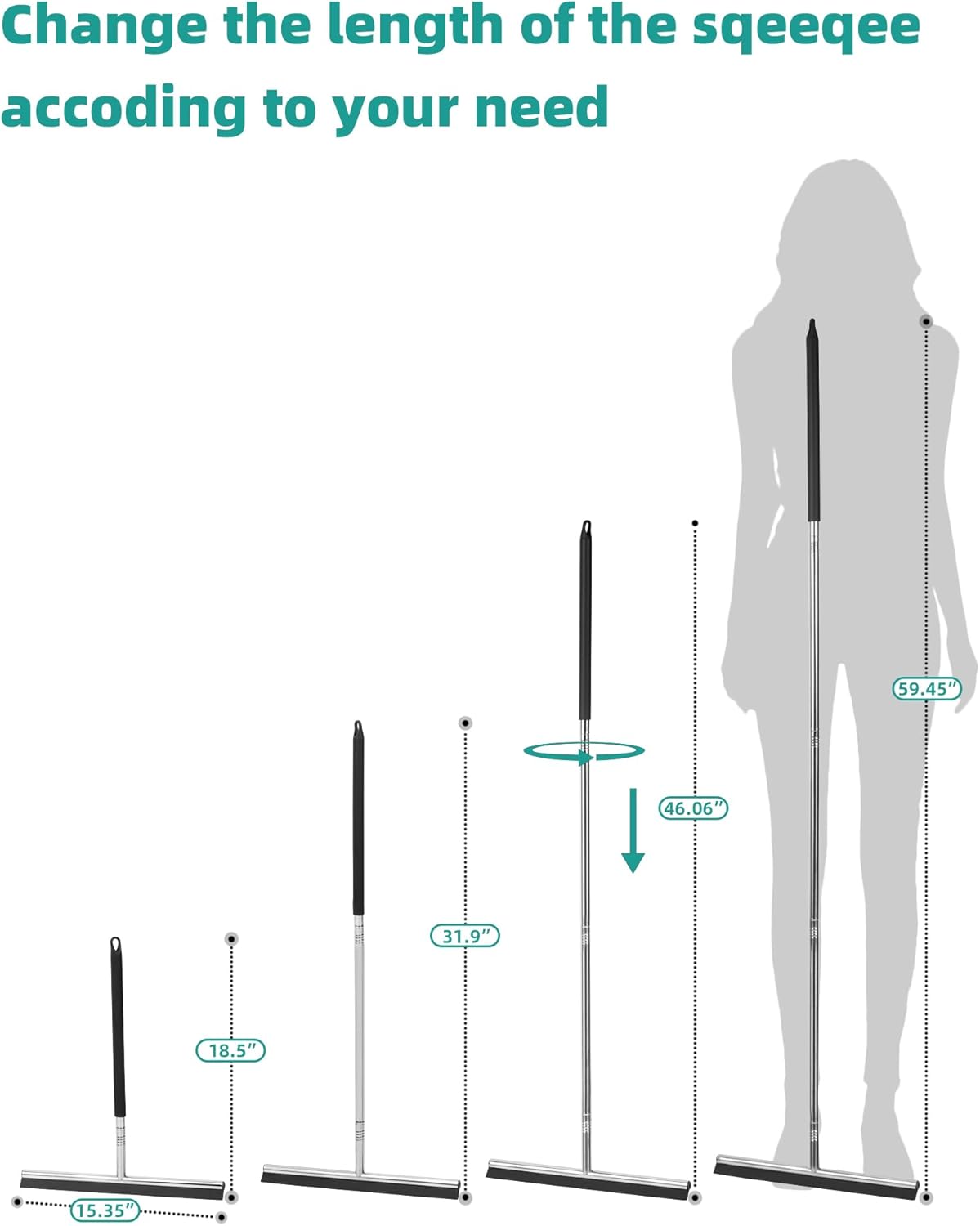 Floor Squeegee Scrubber 59inch Long Stainless Steel Handle with 15inch Wide Silicon Rubber Blade Squeegee Broom for Floor Washing and Drying Shower Glass, Garage, Window, Marble, Wood Surfaces