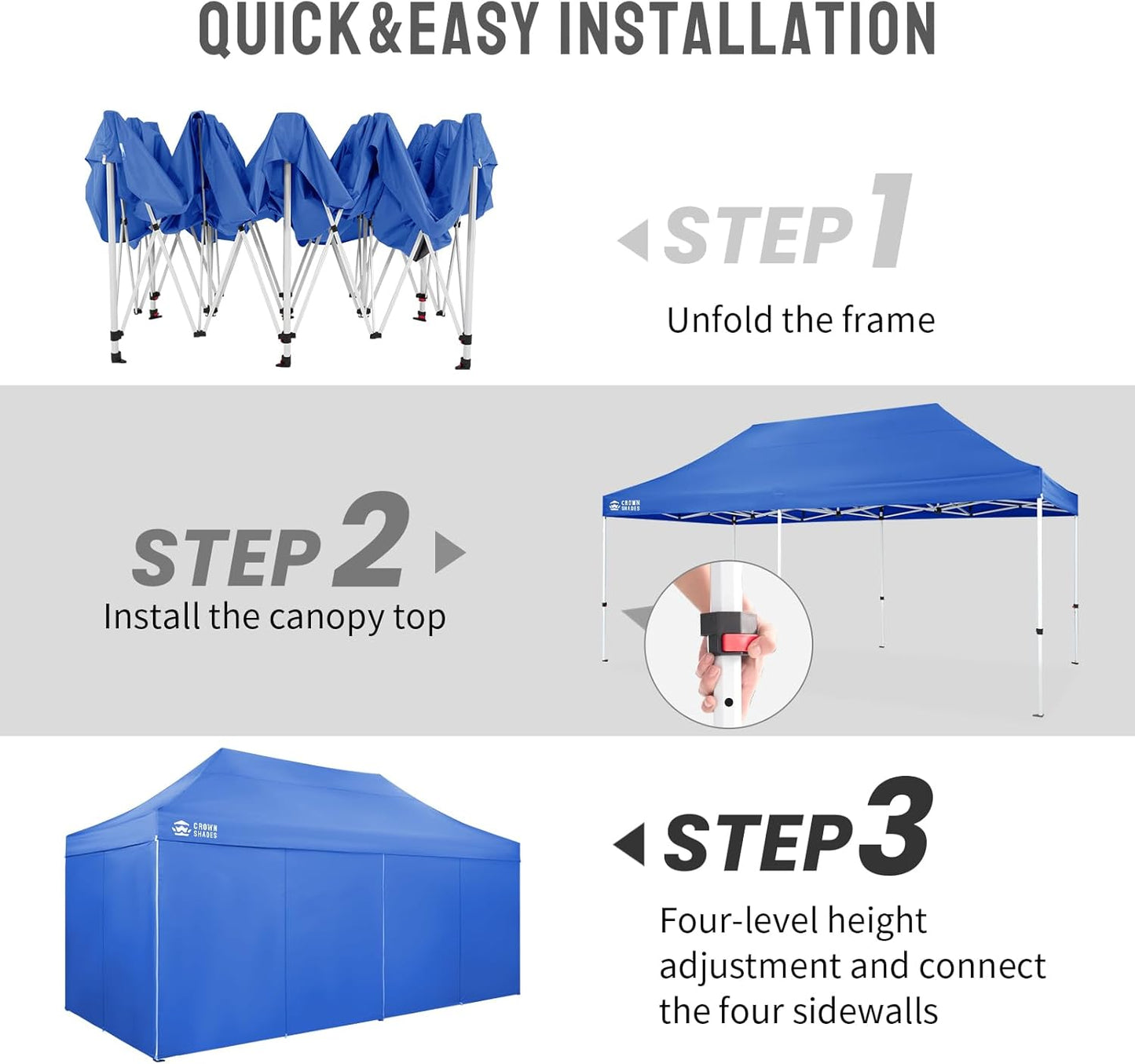 CROWN SHADES 10x20 Pop Up Canopy Tent, Thicken Frame Commercial Heavy Duty Tent, 4 Sidewalls 8 Stakes & 4 Sandbags & 4 Ropes, Outdoor Canopies for Events, Parties, Blue