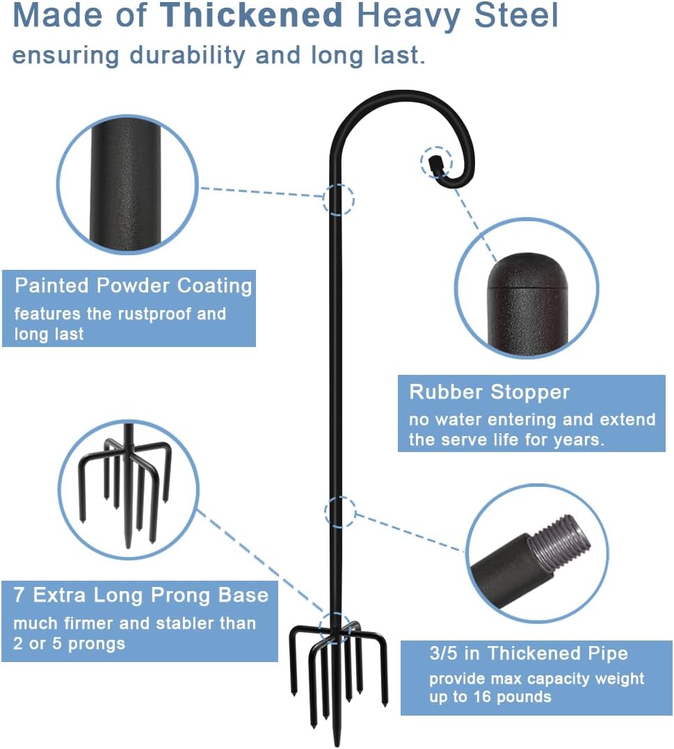 108 inch Outdoor Shepherd Hook with 5 Prong Base (2 Packs), Adjustable Heavy Duty Garden Hanging Stake for Bird Feeder Solar Light Plant Hanger Wedding Decor, Matte Black