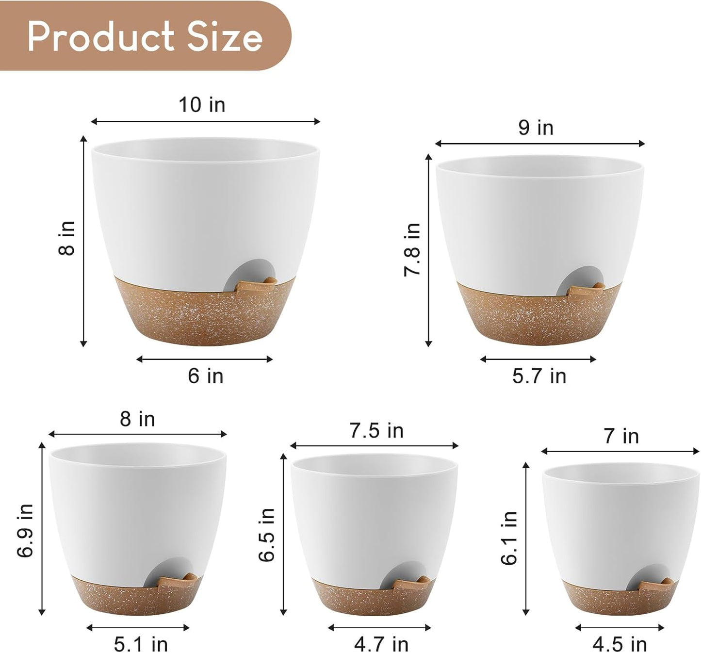Plant Pots 10/9/8/7.5/7 inch, Self Watering Planters with Drainage Holes & Saucers for Indoor and Outdoor Plants (White)