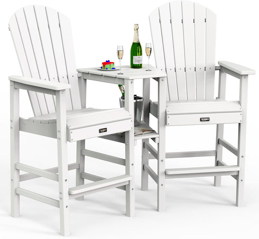 VINGLI Tall Adirondack Chairs Set of 2, HDPE Balcony Chair with Double Connecting Tray Weather Resistant Outdoor Bar Stools for Patio Deck Lawn Pool Backyard (White)