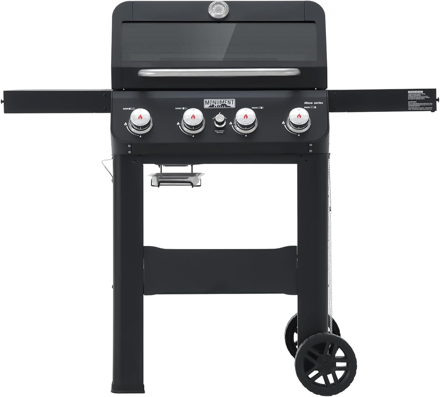 Monument Grills 4-Burner Liquid Propane Gas Grill, Matte Black Stainless Steel Burner Grill with Clearview® Lid and One Foldable Shelf for Outdoor Cooking Kitchen Patio Backyard Barbecue, Mesa420MF