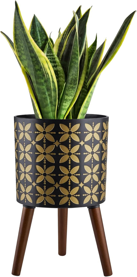 12 Inch Planter Pot with Stand, Planter for Indoor Plants, Drainage Holes and Rubber Plug, Modern Mid-Century Flower Planter Pot for Home Garden Patio, Black and Gold