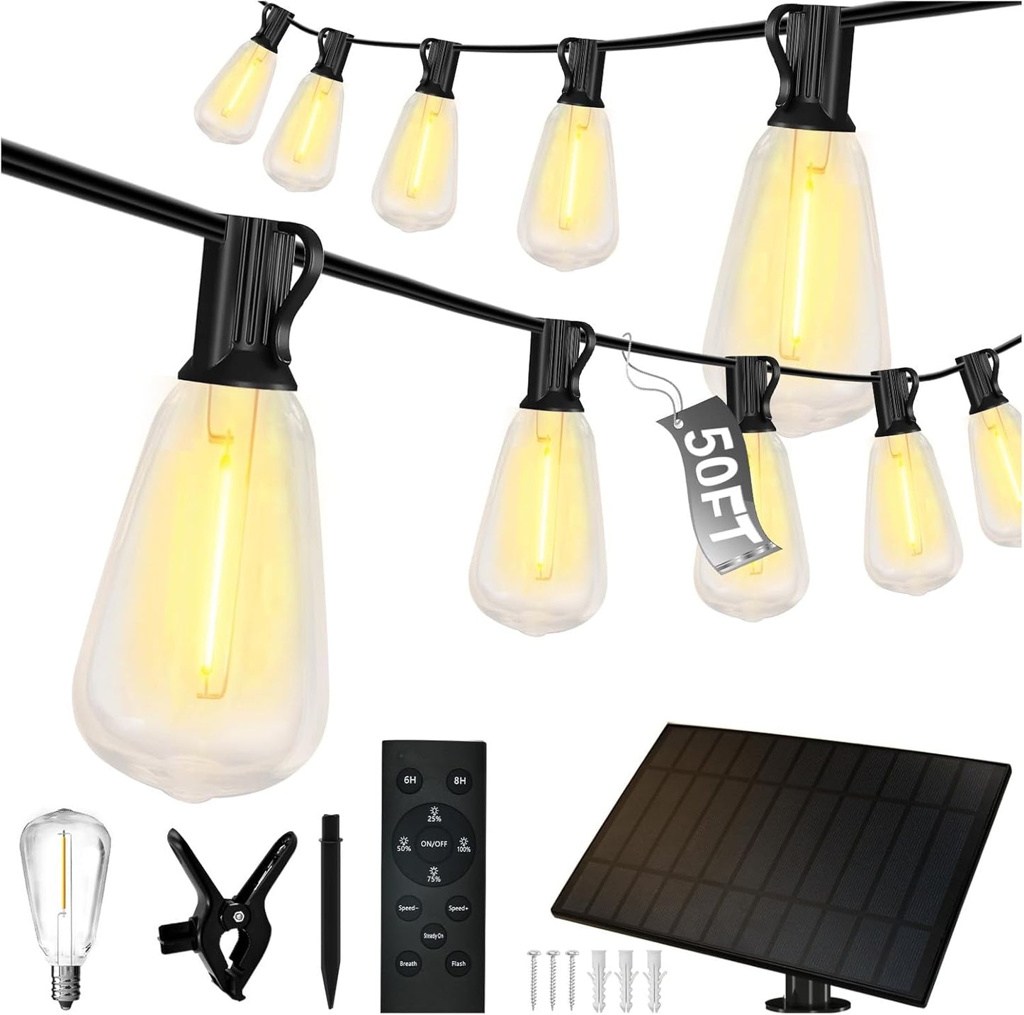 DAYBETTER 50ft Solar String Lights Outdoor Waterproof - 25 Bulbs 2700K Warm White with 3W Solar Panel 12+ Hours Runtime-Garden Patio Lights for Backyard Wedding Camping Homeowners