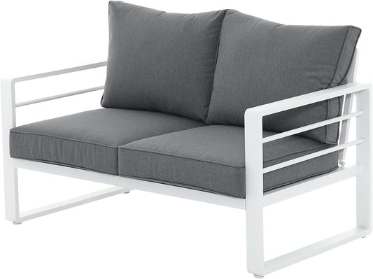Patiorama Aluminum Patio Furniture Set, Outdoor Patio Loveseat, 2 Seat Sofa Couch, All Weather White Metal Chair with Olefin Cushion, Deep Seating, 600 lbs Capacity, Deck, Garden-Grey Cushion