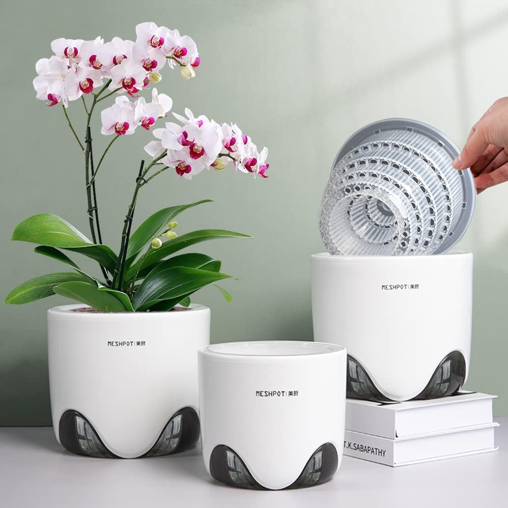 4 inch Orchid Pots with Holes, Set of 2, Double Layer Plastic Imitate Ceramic Planters for Good Air Circulation