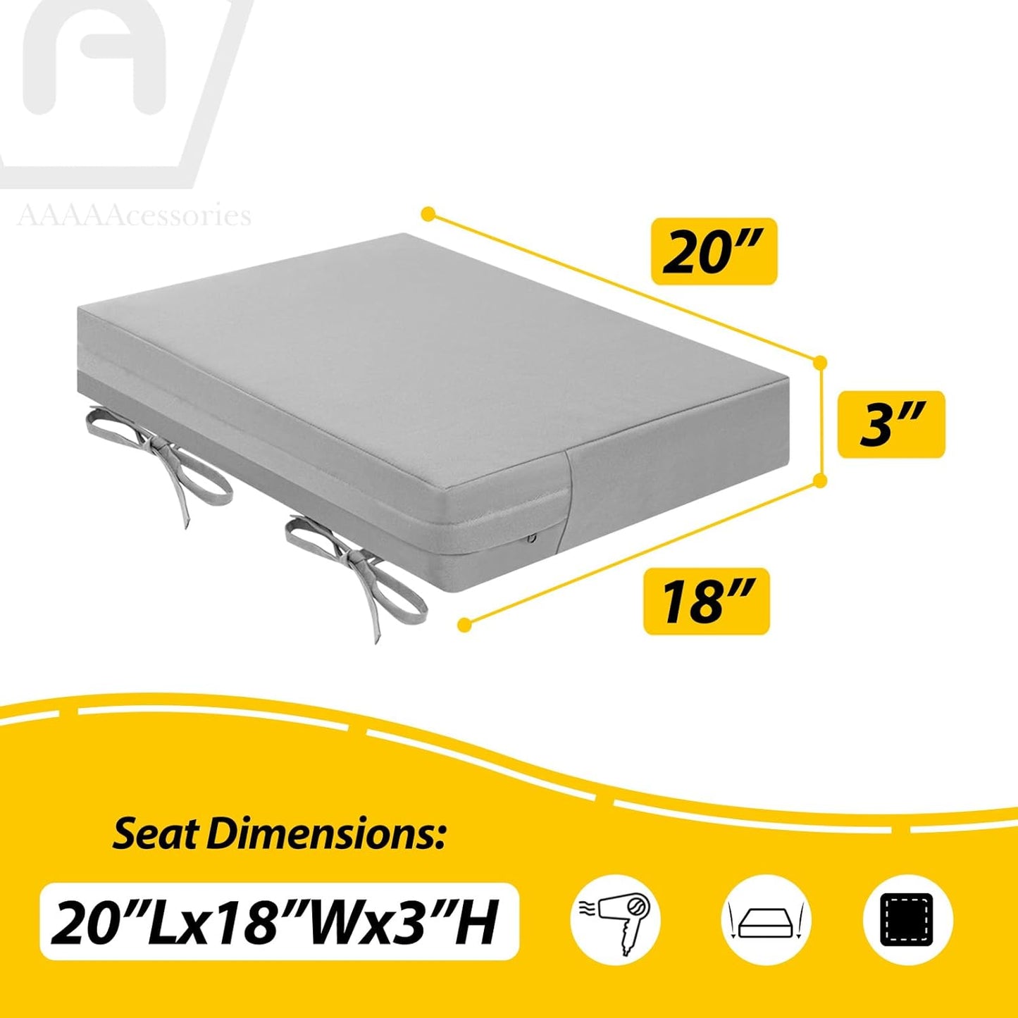 AAAAAcessories Outdoor Seat Cushions for Chairs, Waterproof, Fade-Resistant Patio Furniture Replacement Cushions, 20" x 18" x 3", Set of 2, Gray