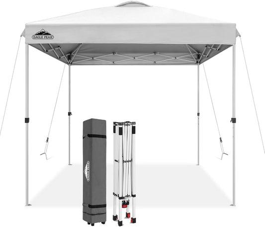 EAGLE PEAK Pop Up Canopy Tent with Wheeled Carry Bag, 8 Stakes, 4 Ropes, Easy Set Up Tent Canopy, 8x8 ft White
