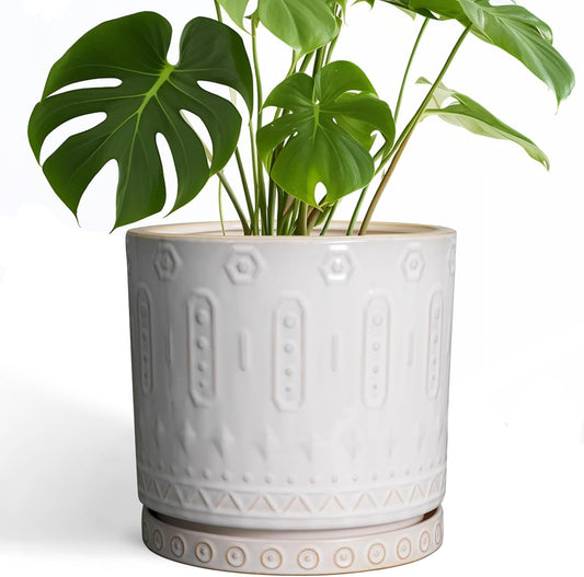 Ceramic Planter Pot - 10 Inch Plant Pot for Indoor Outdoor Plants Round Large Flower Pot with Drainage Holes and Saucer for Home Garden Patio Decor White