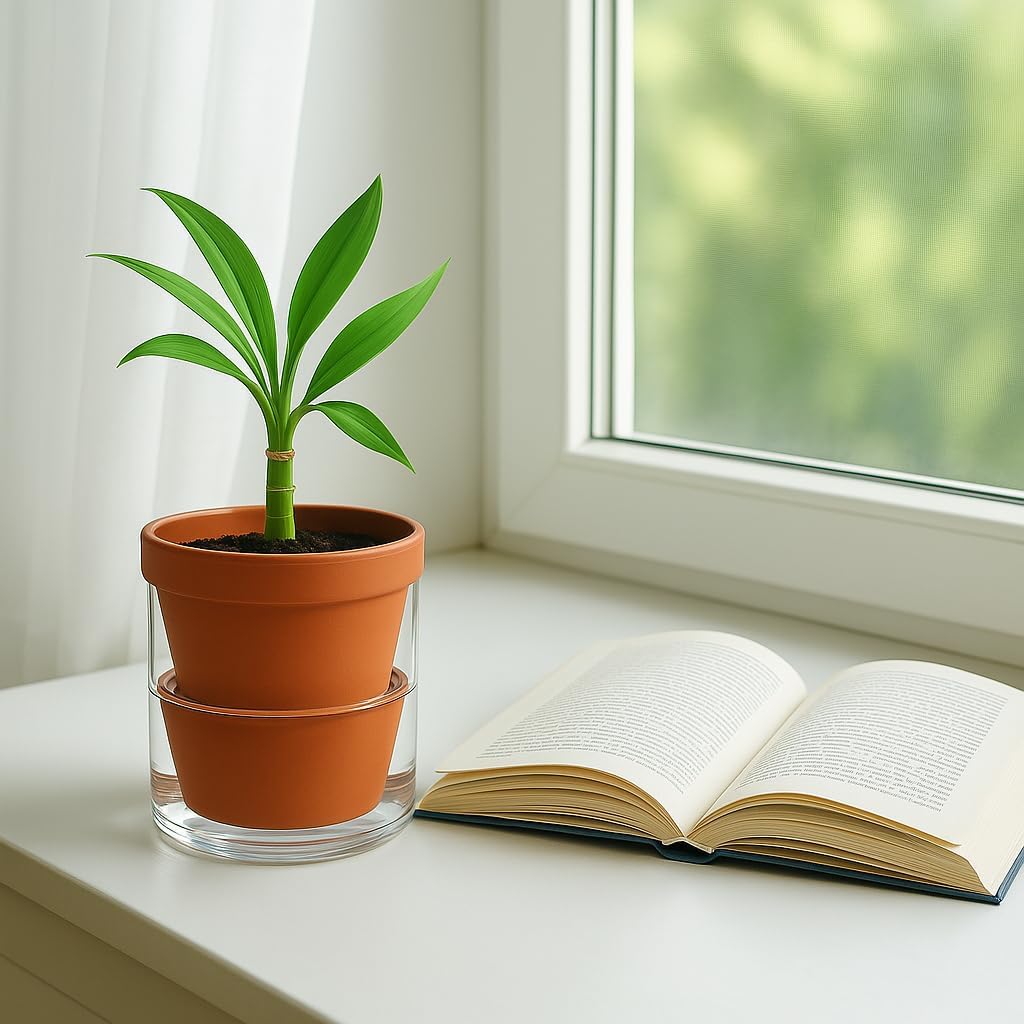 D'vine Dev 4 Inch Design Self Watering Pot for Indoor Plants, Terracotta Planter with Cylinder Glass Cup, Set of 4, 37-Z-A-1-F