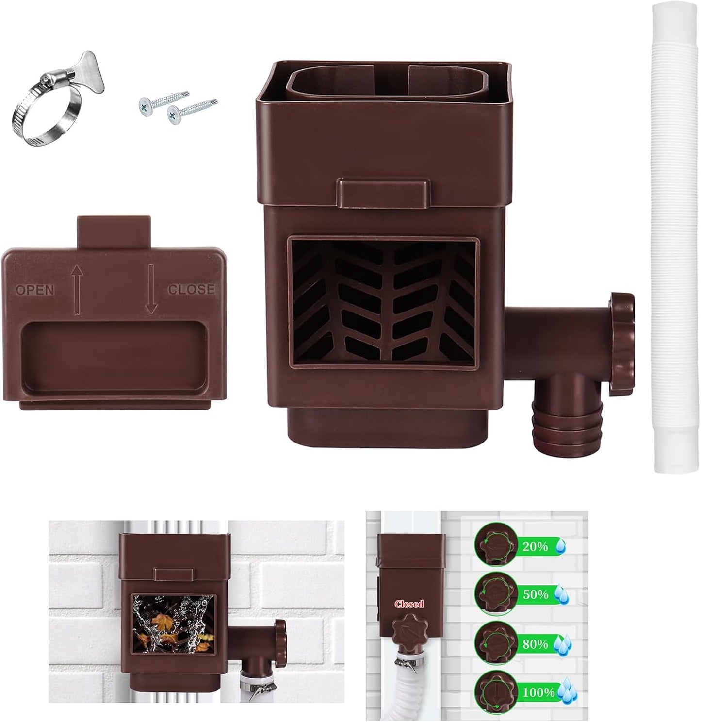Rain Barrel Diverter Kit, Downspout Diverter Fits for 2"x 3" or 3"x 4" Standard Downspout, Rainwater Collection System with Adjustable Valve and Filter,5ft Hose(Brown)