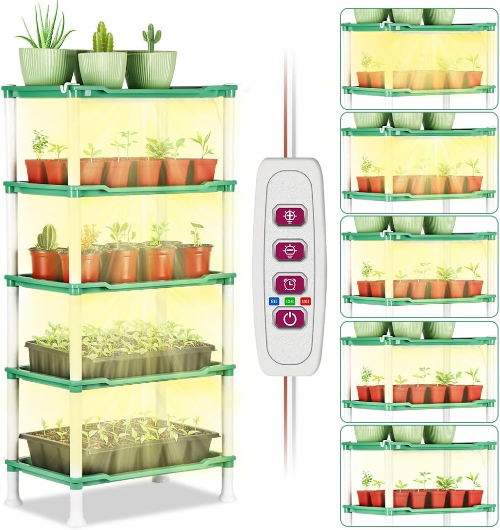 Tabletop 5-Tier Seed Starting Kit Germination Tray - Plant Stand with Grow Lights Full Spectrum Sunlike Plant Light for Indoor Plants, Greenhouse, Succulents, Seedlings Gardening