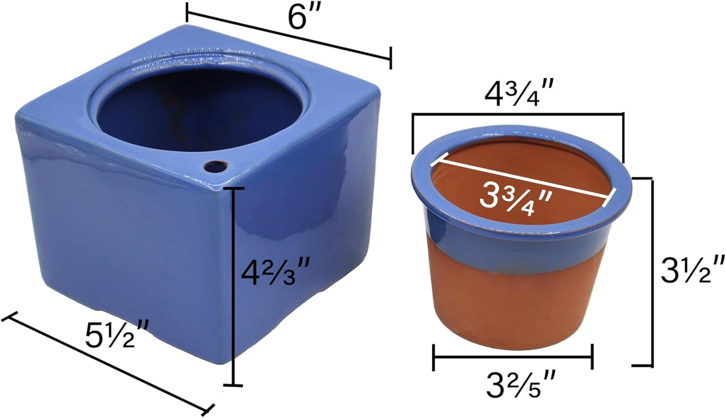 Ceramic African Violet Self Watering Pot 6 Inch Square Pot 3.5 Inch Innter Pot Easy Fill Water Reservoir Blue