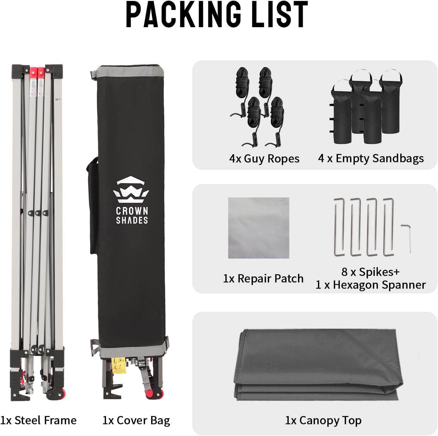 CROWN SHADES 8x8 Pop Up Canopy - Beach Tent with One Push Setup - Easy Outdoor Sun Shade for Events, Parties, Camping - Gazebo with STO-N-Go Cover Bag, Silver Coated Top,Grid Grey